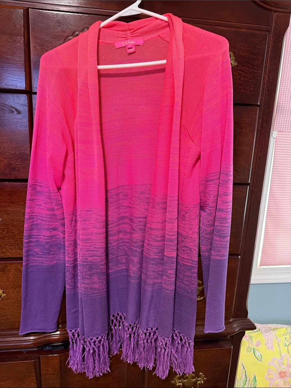 Lilly Pulitzer Pink to Purple Ombre Fringe Open-Front Cardigan